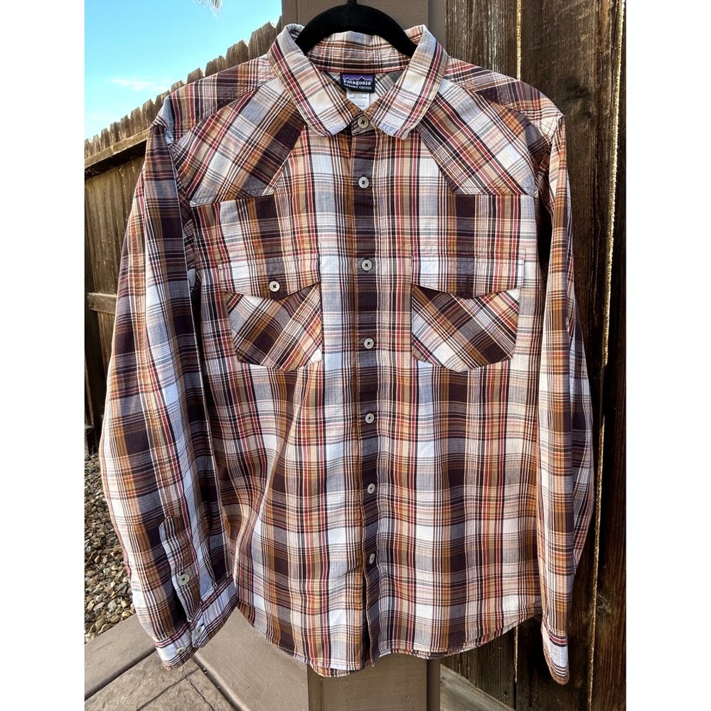 Patagonia Button Down Shirt Mens Medium Brown Plaid Organic Cotton Western Yoke